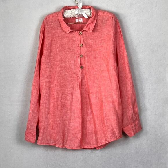 Sigrid Olsen Tops - Sigrid Olsen Linen Tunic Shirt Women's 3X Deep Coral Roll-Tab Sleeves Lagenlook